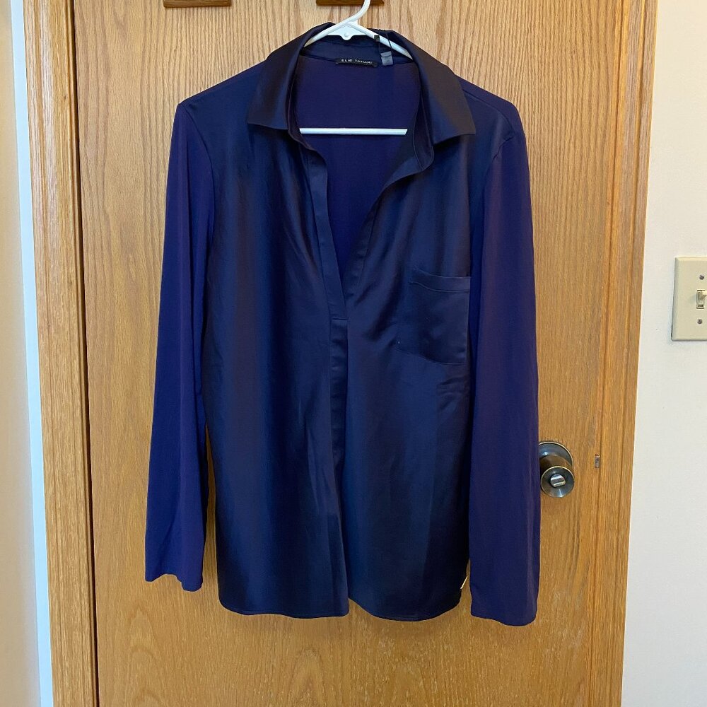 Ellie Tahari Silky Blouse Dark Blue XL Length 27.5" Pit to Pit measurement 22"